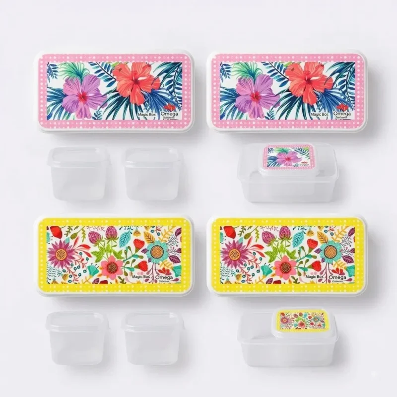 3-Piece Floral Printed Plastic Lunch Box Set - 1 Large Container with 2 Small Inner Boxes