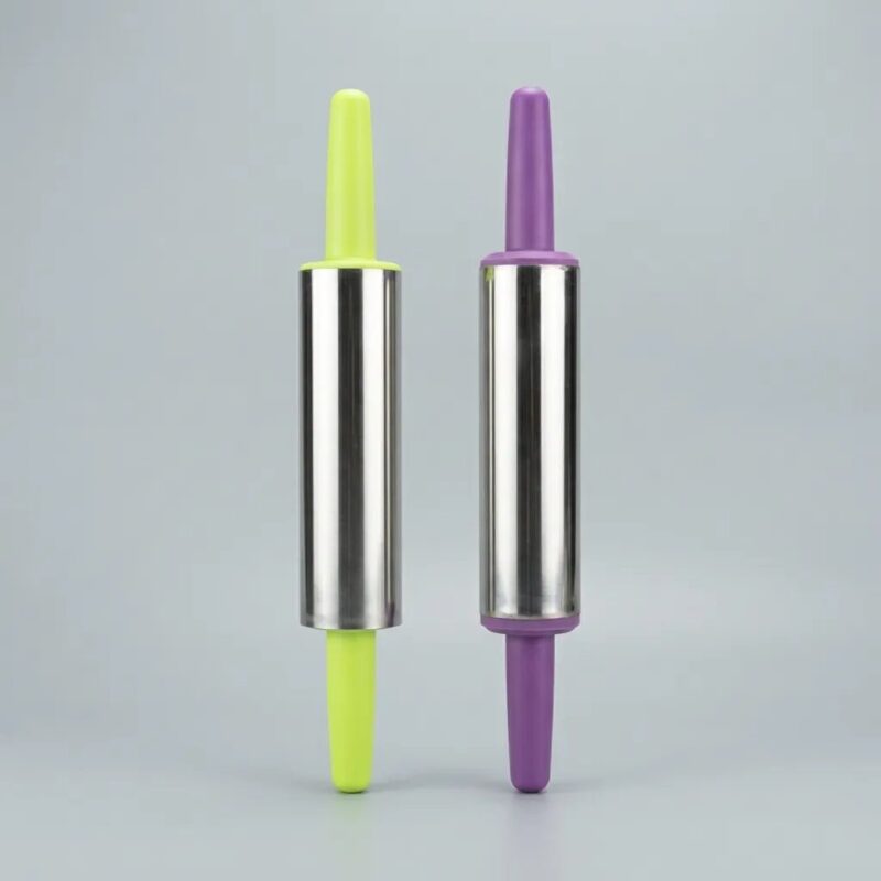 Stainless Steel Rolling Pin with Colored Plastic Handles - Non-Stick Dough Roller for Roti & Pastry