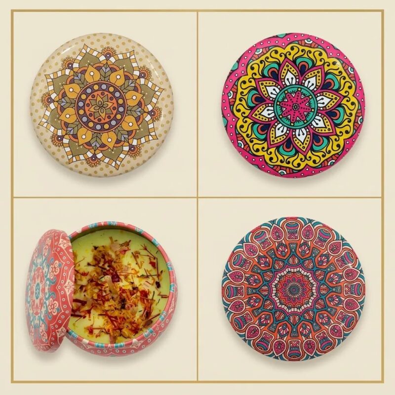 Botanical Scented Candle in Mandala Print Tin - Rose & Saffron Scent, 4 Unique Designs